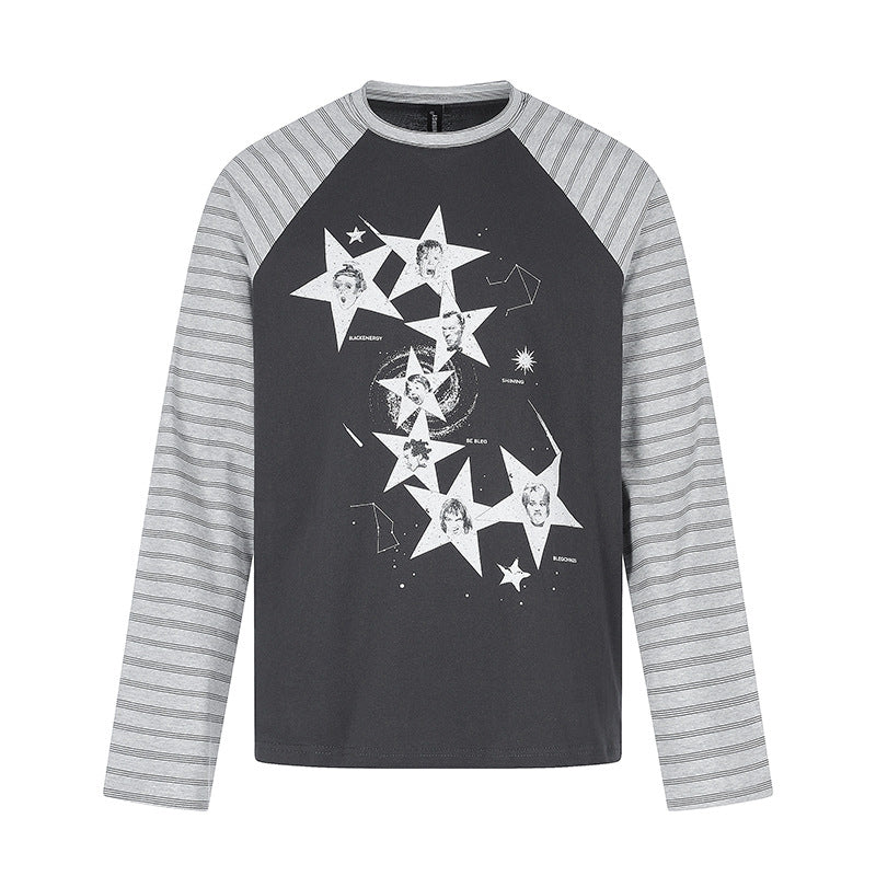 Women's cotton long sleeve shirt in raglan style with star portrait collage and striped sleeves Mune Fashion