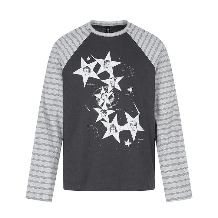 Women's cotton long sleeve shirt in raglan style with star portrait collage and striped sleeves Mune Fashion