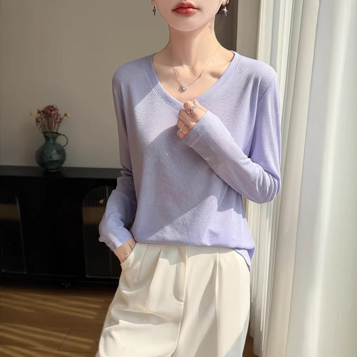 Ladies Lightweight V-Neck Fine Knit Long Sleeve Mune Fashion