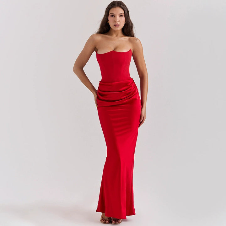 Women's strapless corset evening dress with contoured bodice construction and elegant hip draping Mune Fashion