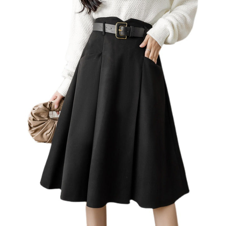 Women's high-waisted flared midi skirt with wide decorative belt, side pockets and flowing drape Mune Fashion