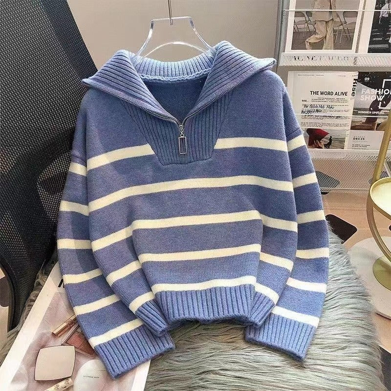Women's Striped Half-Zip Knit Sweater with Ribbed Collar Mune Fashion