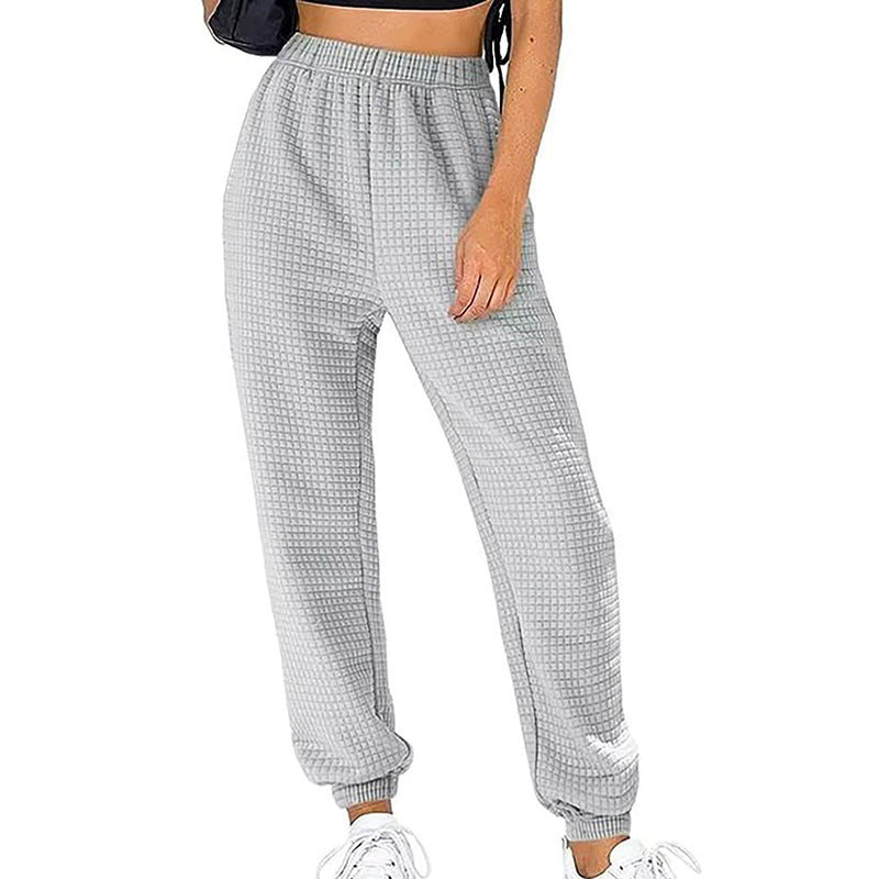 Women Waffle Knit Jogging Pants with High Waist and Elastic Cuffs Mune Fashion