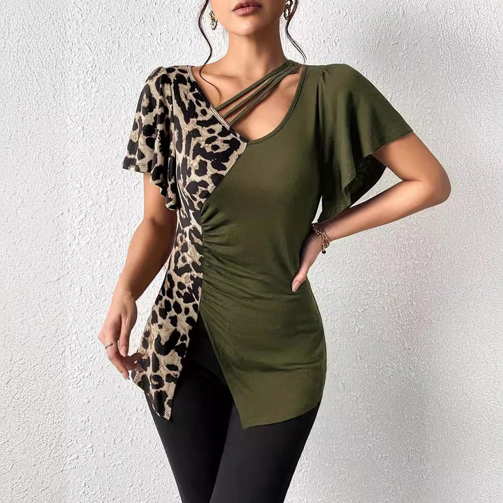 Women's asymmetrical stretch tunic with leopard print side insert and multiple straps Mune Fashion