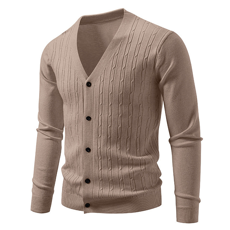 Men's fine-knit cardigan with deep V-neck slim fit and vertical cable knit Mune Fashion