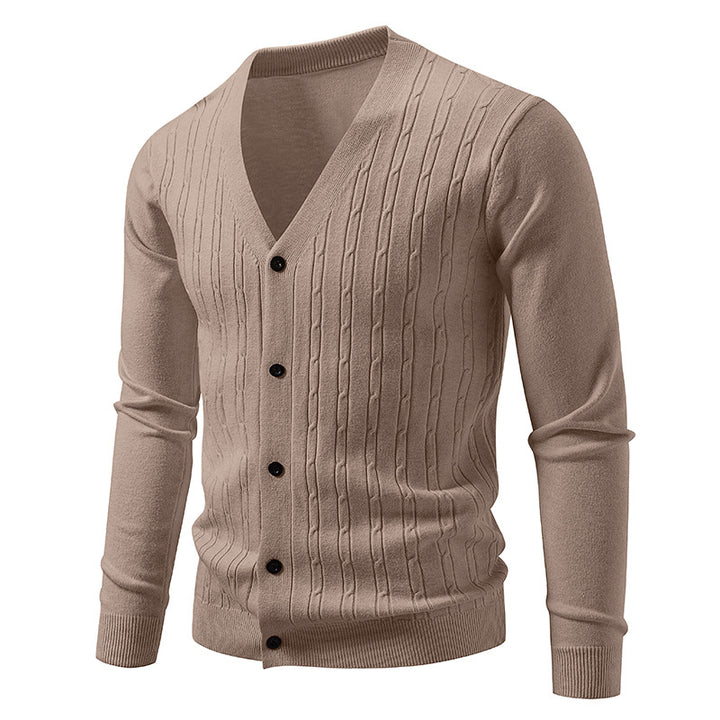 Men's fine-knit cardigan with deep V-neck slim fit and vertical cable knit Mune Fashion