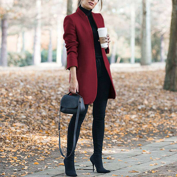 Women's tailored wool coat with stand-up collar and concealed button placket Mune Fashion