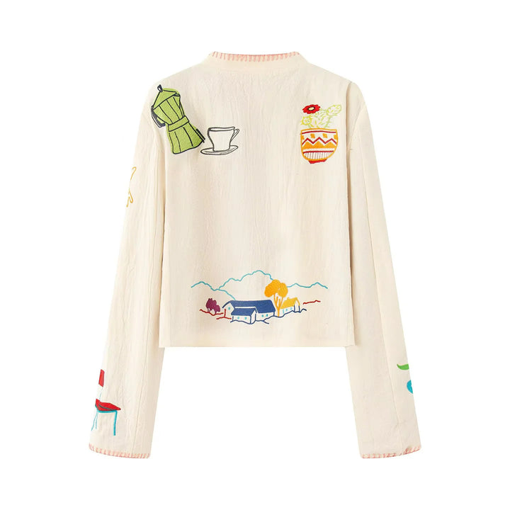 Women's artisanal embroidered short jacket with round neckline, fine decorative stitching and lightweight cotton blend Mune Fashion