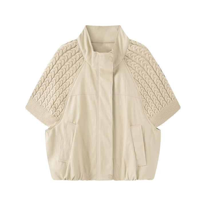 Women's Short Lamb Leather Vest with Stand-Up Collar and Knitted Cable Puff Sleeves Drune