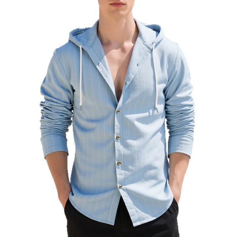 Men's modern hooded shirt with slim fit, continuous button placket, and fine pinstripe structure Mune Fashion