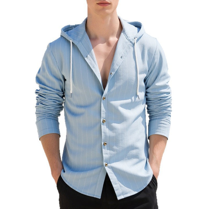 Men's modern hooded shirt with slim fit, continuous button placket, and fine pinstripe structure Mune Fashion