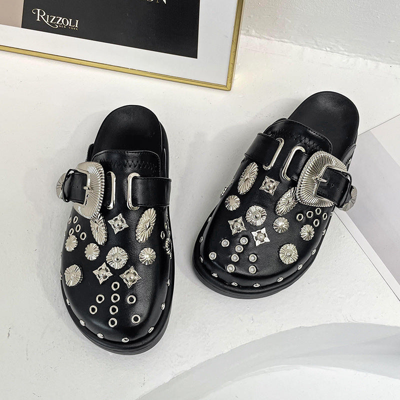 Ladies' embellished slip-on clogs with metallic conchos, large decorative buckle, and ergonomic footbed Mune Fashion