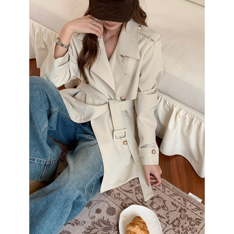 Ladies Short Tie Belt Trench Coat with A-Line Cut and Dropped Shoulders Mune Fashion