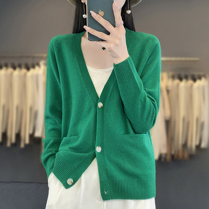 Women's Casual Fine Knit Cardigan with V-Neck, Hand Pockets and Wide Ribbed Cuff Mune Fashion