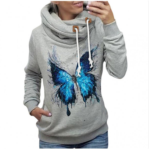 Women's hoodie with high funnel neck, kangaroo pocket and butterfly print Mune Fashion