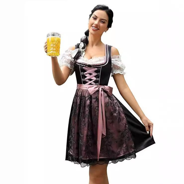 Ladies traditional dirndl dress with lacing, floral cotton quality and bow apron Mune Fashion