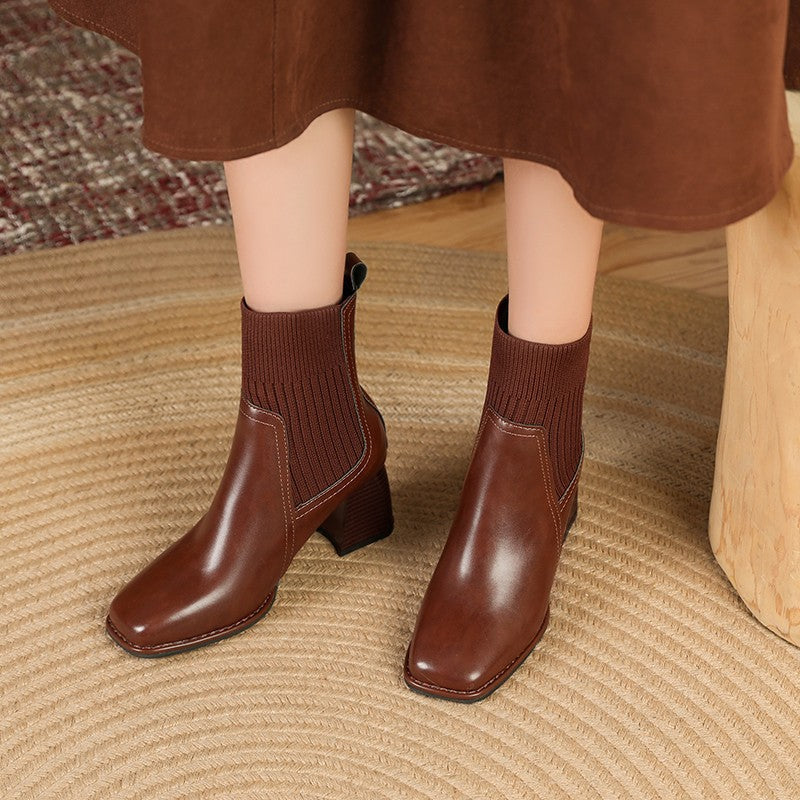 Women Elegant Chunky Ankle Boots with Knit Insert Mune Fashion