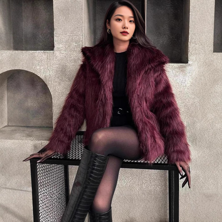 Women Short Faux Fur Jacket with Voluminous Shawl Collar Mune Fashion