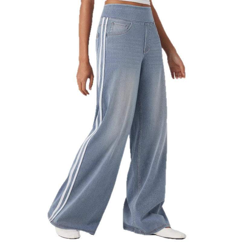 Women's wide sweatpants in denim look with side contrast stripes and comfort waistband Mune Fashion