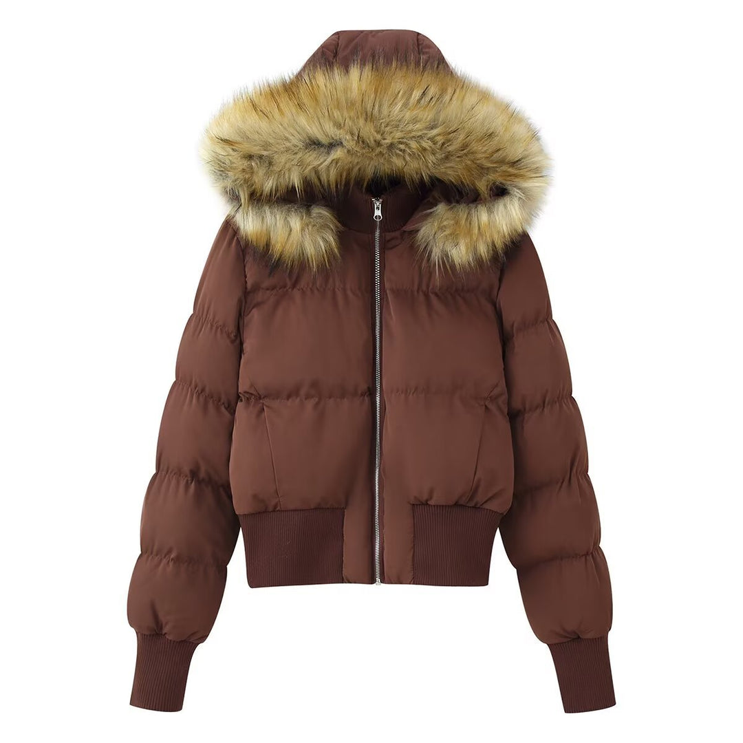 Women's Padded Cropped Bomber Jacket with Hood and Removable Faux Fur Trim Mune Fashion
