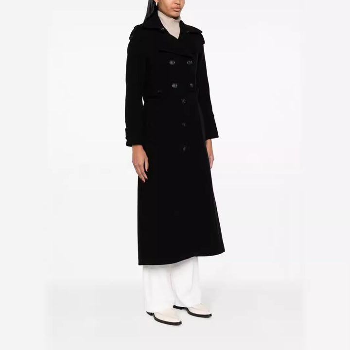 Women Floor-Length Double-Breasted Trench Coat made of Wool Blend with Shoulder Patches and Concealed Waist Belt Mune Fashion