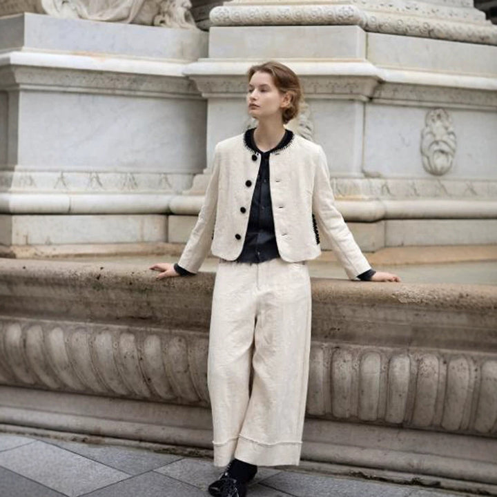 Women's Two-Piece Boucle Set with Short Jacket, Contrasted Round Neckline and Wide Culotte Pants Leg Mune Fashion