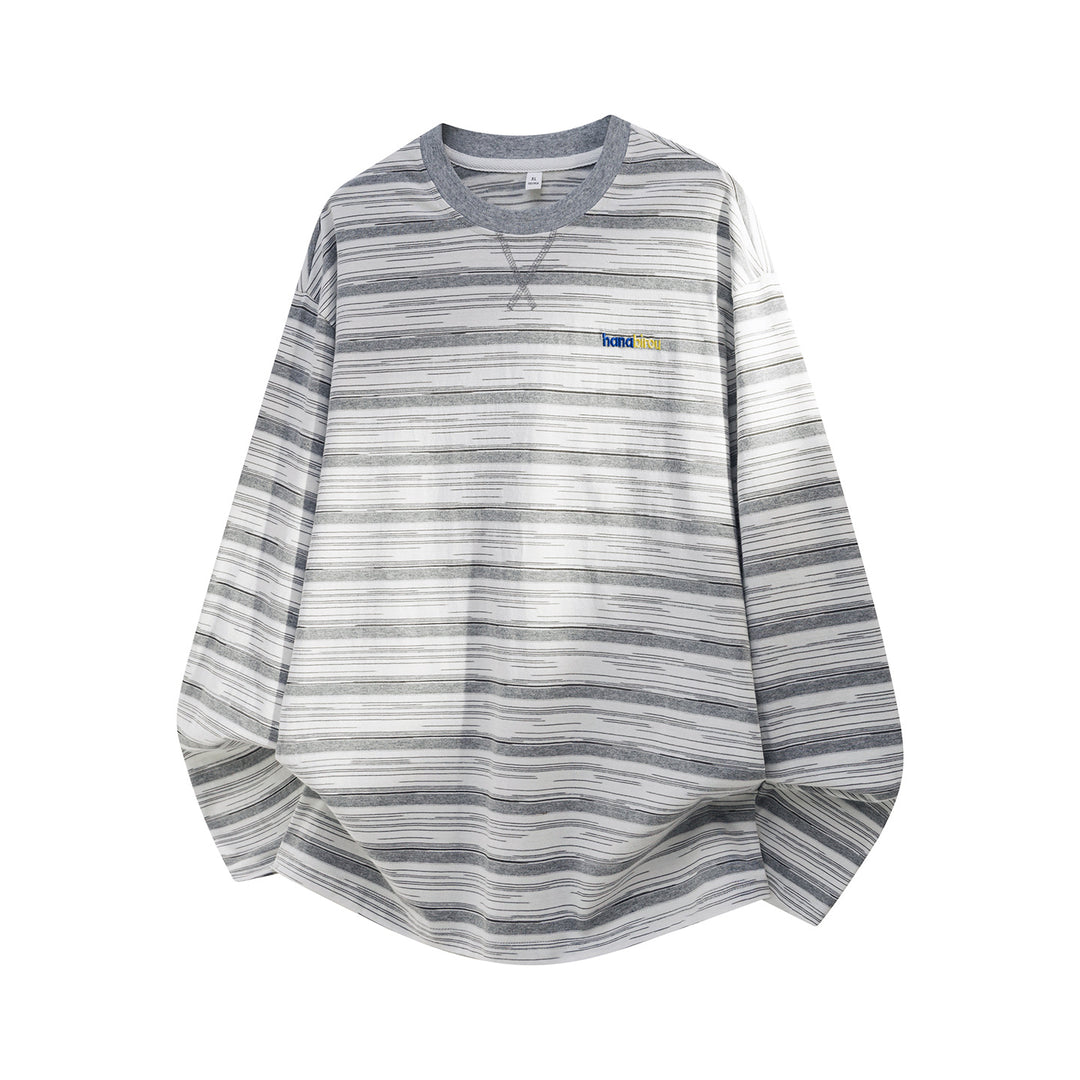 Unisex Striped Oversized Long Sleeve Shirt with Round Neck and Chest Embroidery Mune Fashion