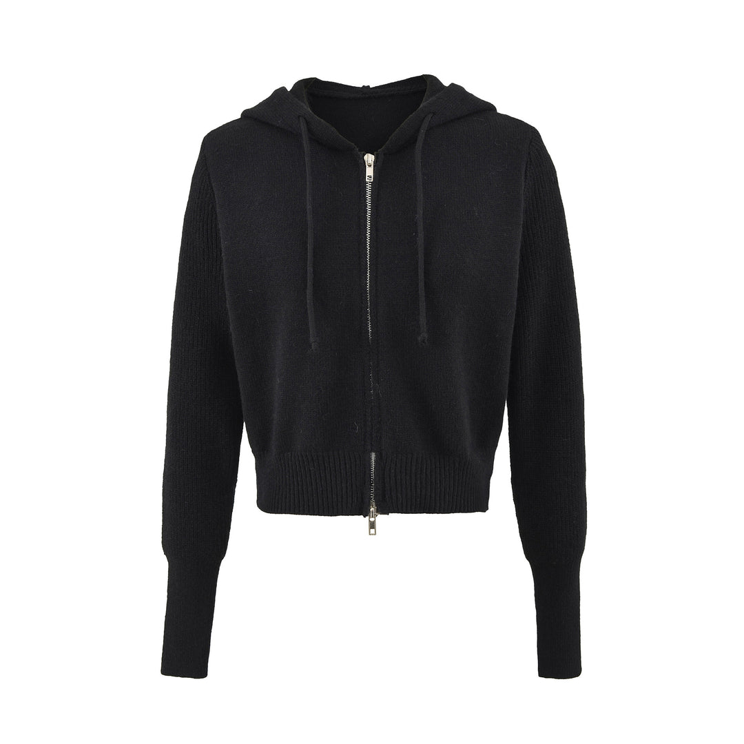 Women's Short Hooded Cardigan with Zipper and Fitted Ribbed Hem Mune Fashion