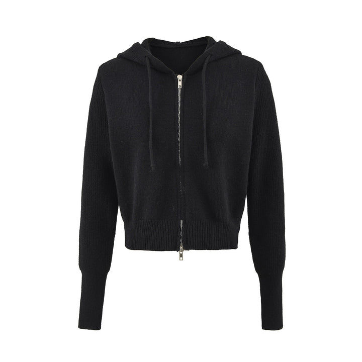 Women's Short Hooded Cardigan with Zipper and Fitted Ribbed Hem Mune Fashion