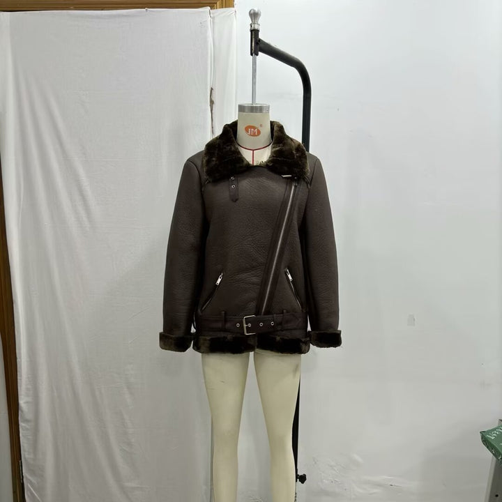 Women's tailored biker jacket in aviator look with faux fur lining, asymmetric zipper and waist belt Mune Fashion