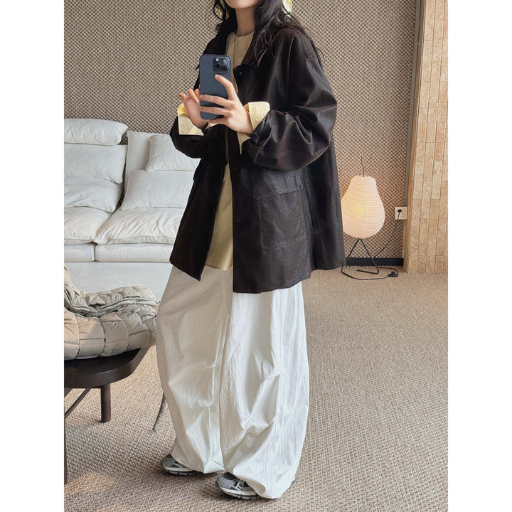 Women Oversized Faux Leather Shirt Jacket with Wide Collar and Flap Pockets Mune Fashion