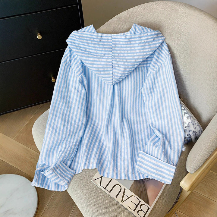 Women’s Lightweight Striped Hooded Overshirt with Wooden Buttons and Applied Pockets Mune Fashion