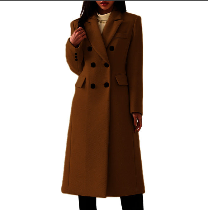 Women's longer double-breasted wool blend coat with lapel collar and patch pockets Mune Fashion