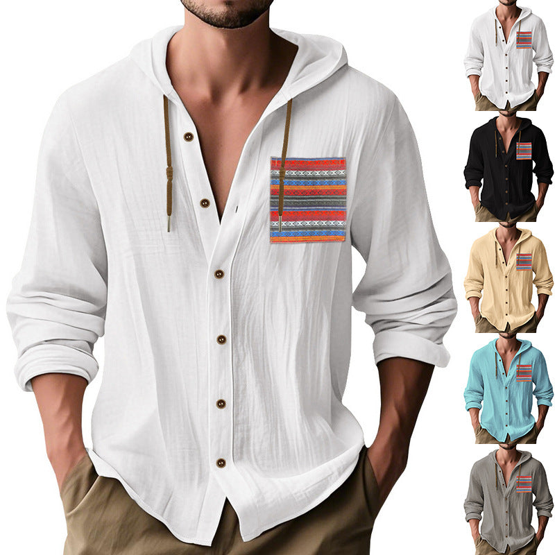 Men's lightweight hooded shirt jacket made of structured cotton blend with ethnic chest pocket and button placket Mune Fashion