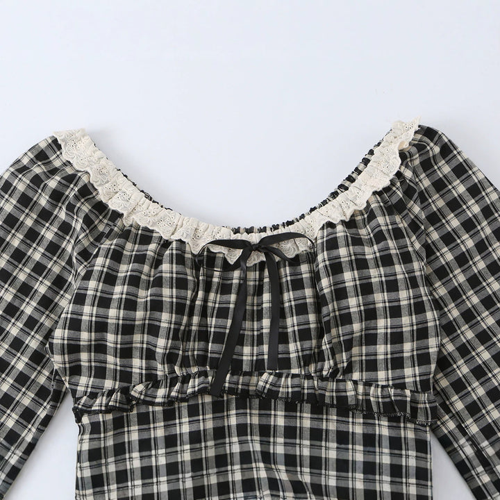 Women's Off-Shoulder Checkered Cropped Top with Lace, Ruffled Waist and Ties