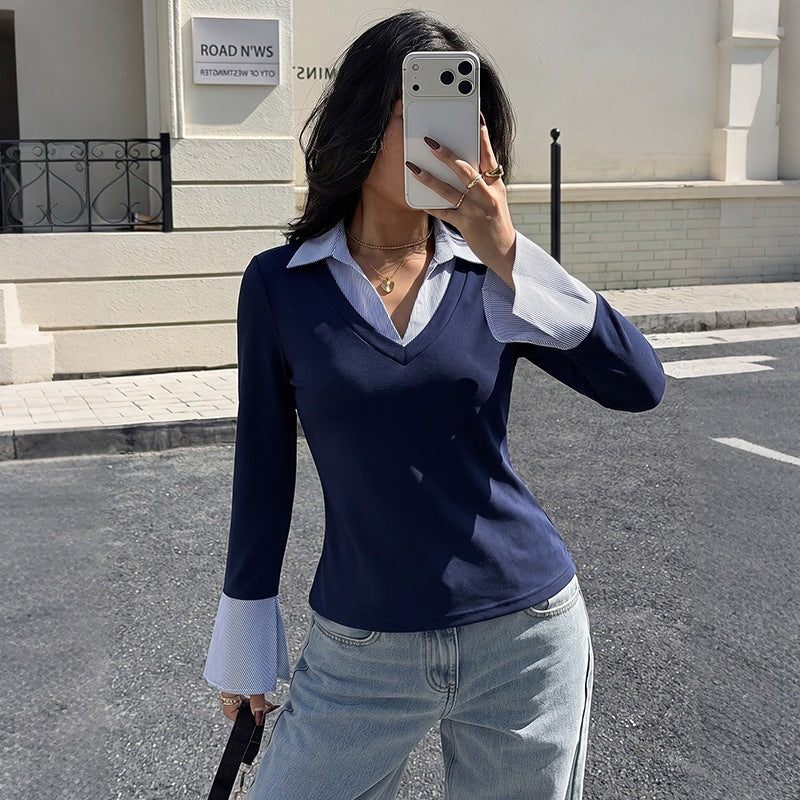 Ladies Elegant Longsleeve Top with Shirt Collar Mune Fashion