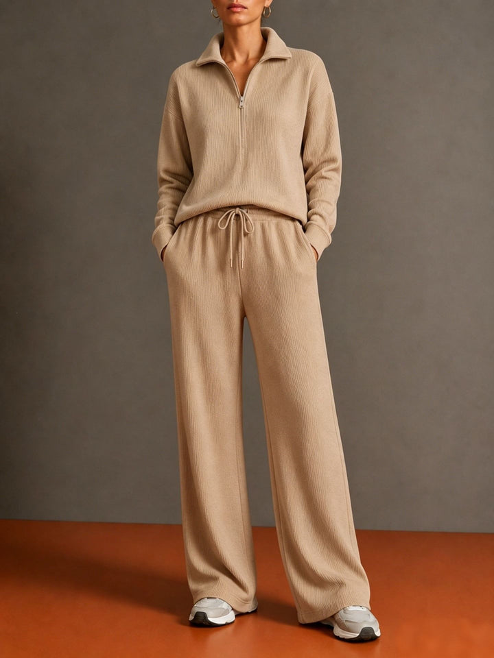 Women's cozy knit relax suit with half zipper, drawstring waistband, and wide leg Mune Fashion