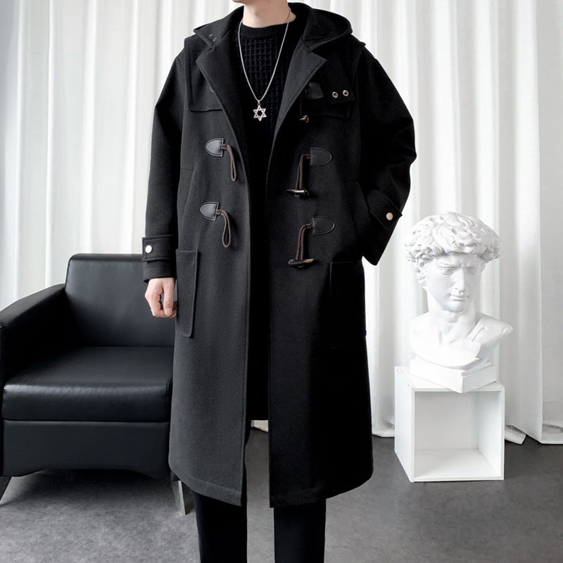 Men's Long Wool Blend Duffle Coat with Hood, Toggle Closures and Patch Pockets Mune Fashion