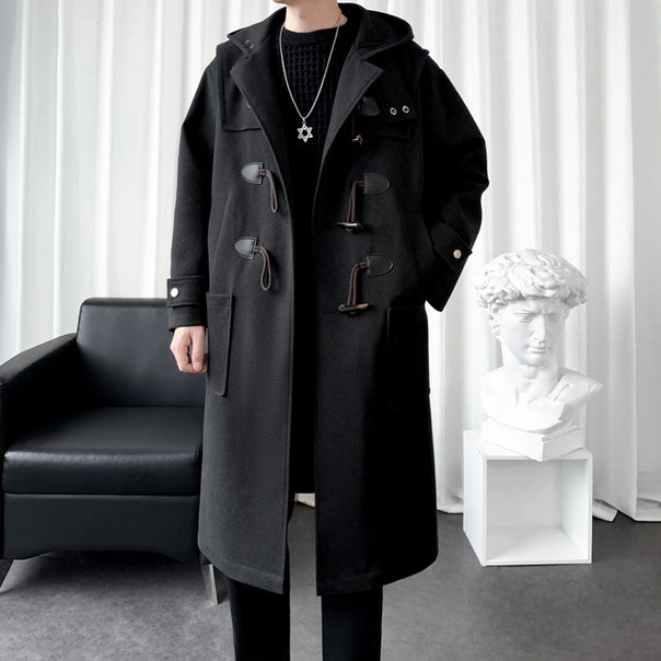 Men's Long Wool Blend Duffle Coat with Hood, Toggle Closures and Patch Pockets Mune Fashion