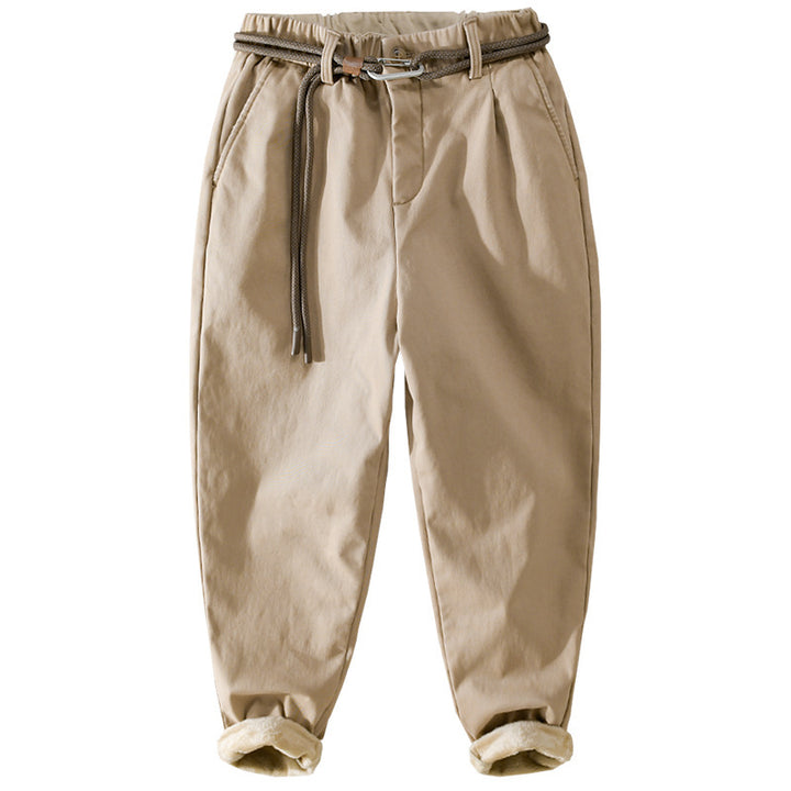 Women's Lined Cotton Chino Pants with Elastic Waistband, Carrot Cut and Decorative Belt Mune Fashion