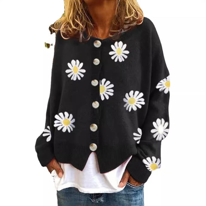 Women's Oversized Knit Cardigan with Button Placket and Daisy Print Mune Fashion