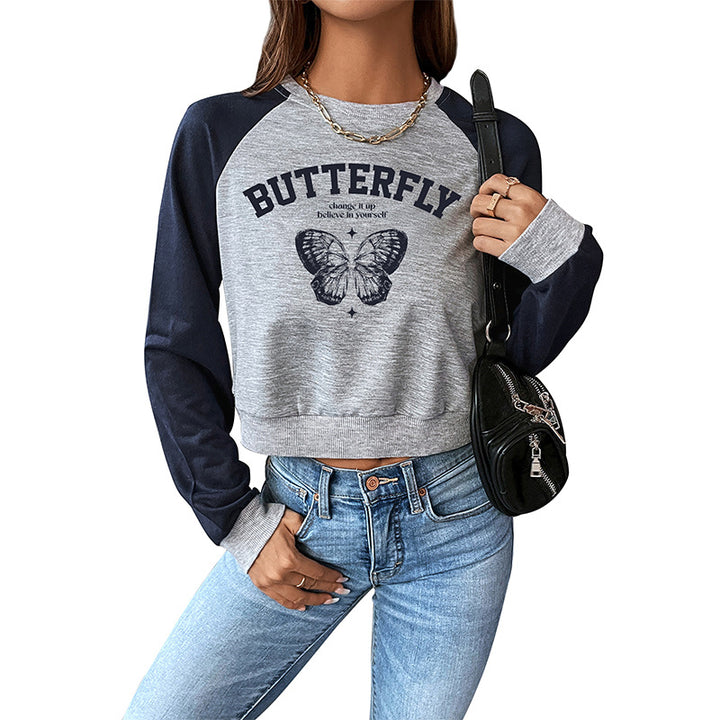 Women's Cropped Raglan Sweatshirt with Butterfly Print, Ribbed Hem and Casual Fit Mune Fashion