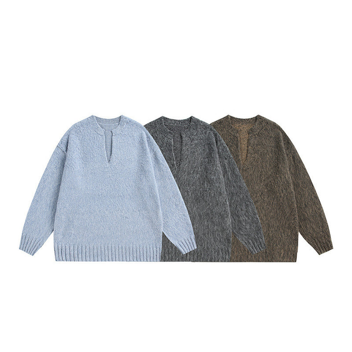 Unisex Oversize Fleece Sweater with V-Slit Collar and Boucle Look Mune Fashion