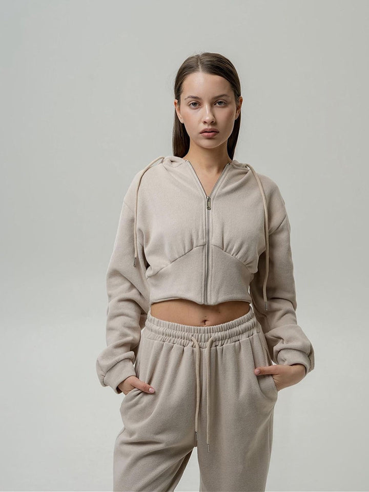 Women's two-piece cropped hoodie set with wide waistband pants cut and fitted zip Mune Fashion