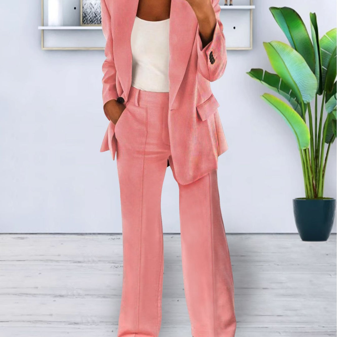 Ladies Two-Piece Business-Casual Tailoring Set with Longline Blazer and Wide Pleated Pants Mune Fashion