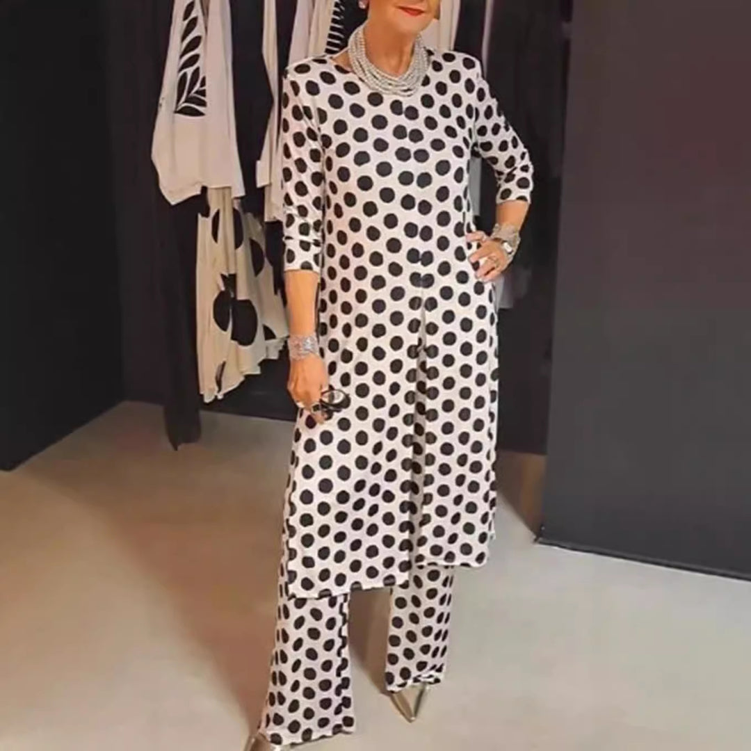 Women Nan Polka Dot Lounge Set with Long A-Line Tunic, Center Front Slit, and Wide Palazzo Pants Mune Fashion