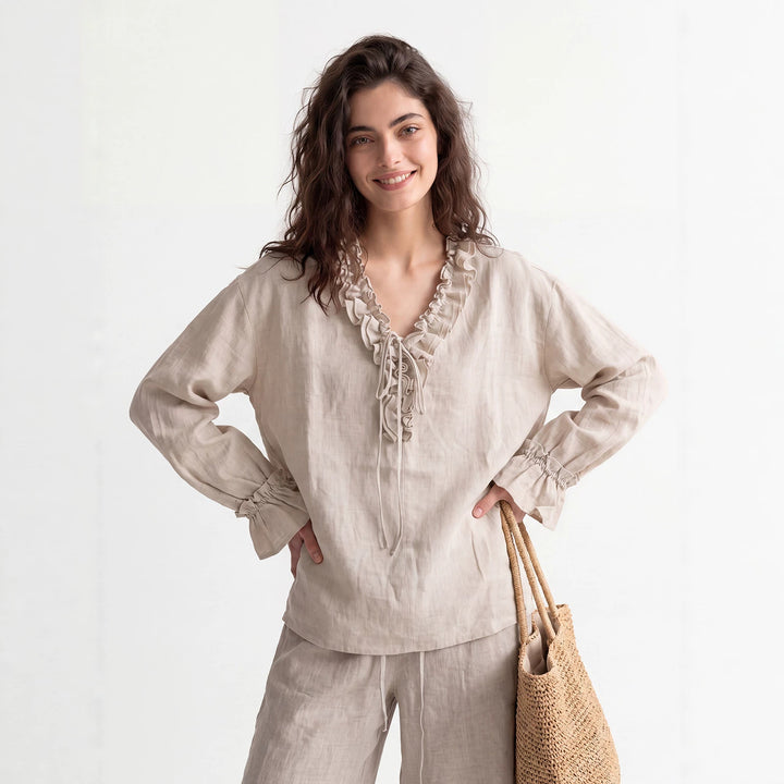 Damen Luftige Leinenbluse mit Rüschen Mune Fashion