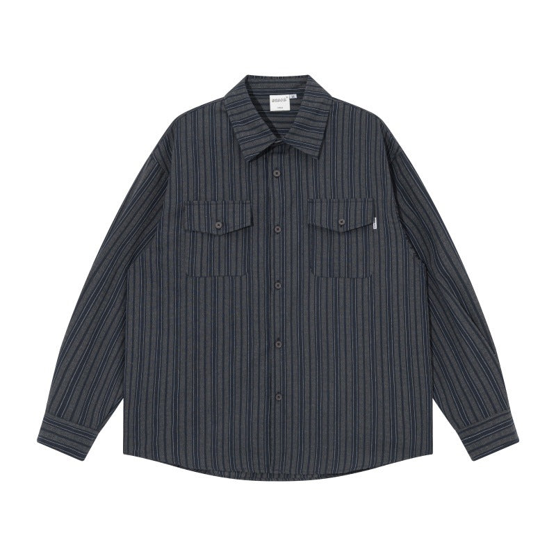 Men's oversized shirt jacket with vertical stripes, patch chest pockets, and rounded hem Mune Fashion