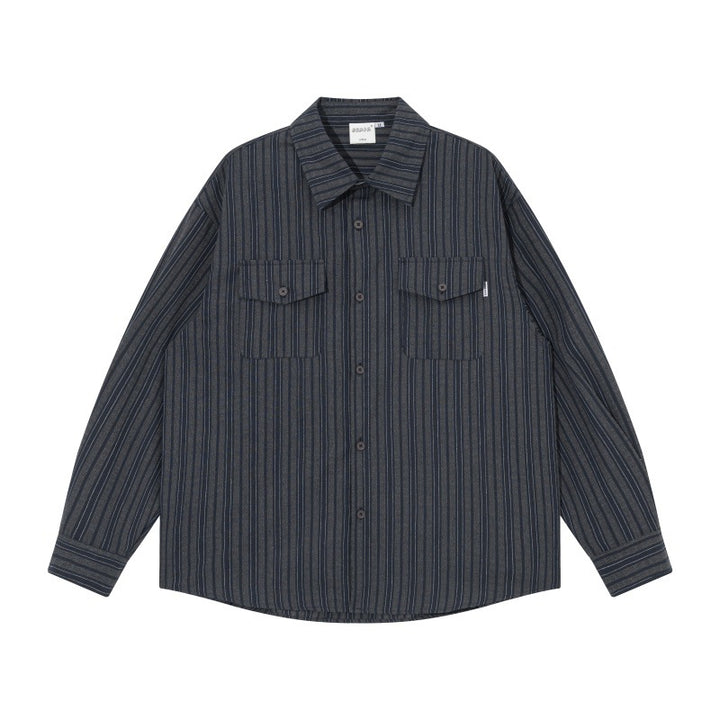 Men's oversized shirt jacket with vertical stripes, patch chest pockets, and rounded hem Mune Fashion