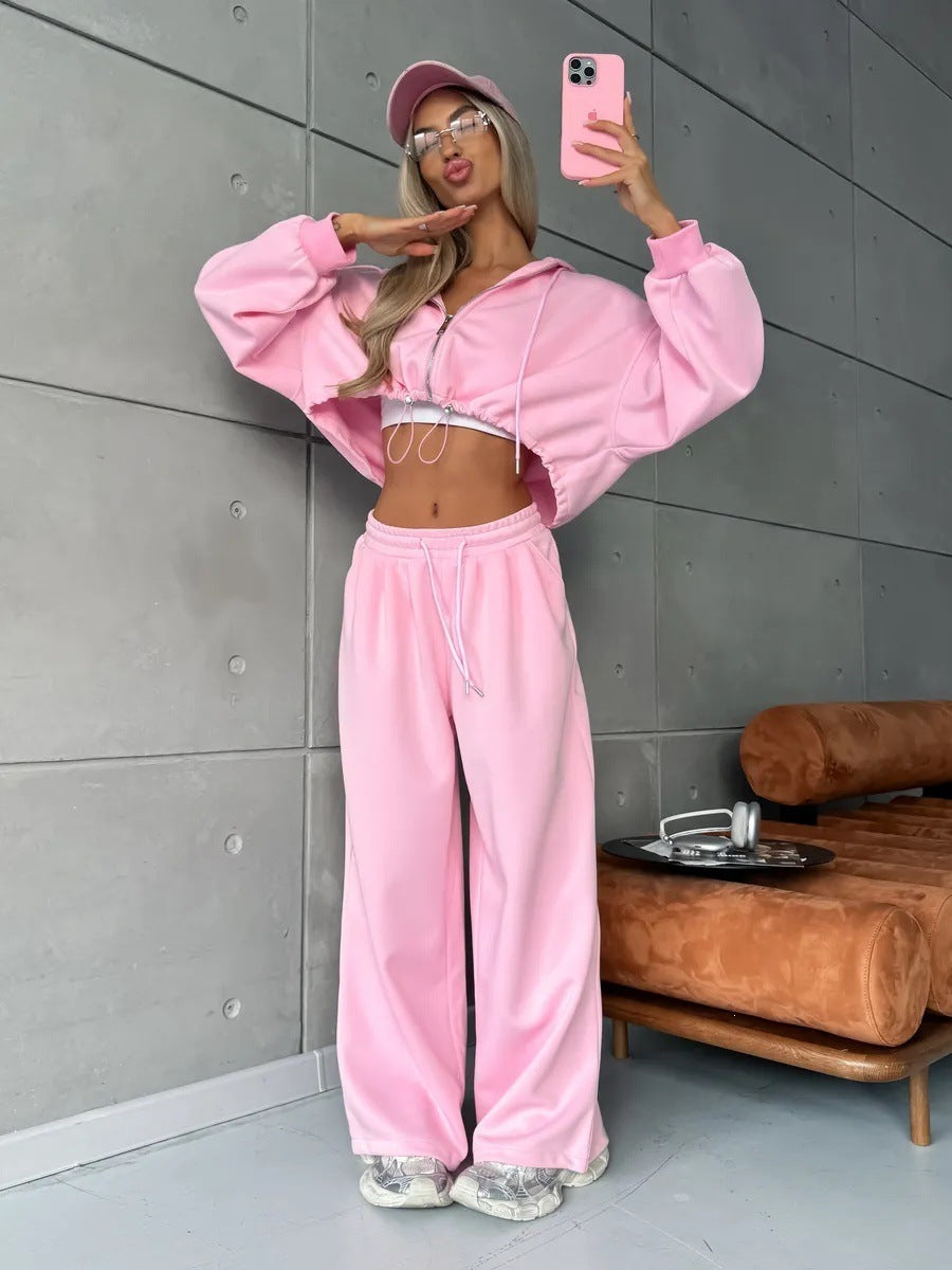 Women's Short Cut Hooded Sweatshirt and Loose Lounge Jogging Pants Set Mune Fashion